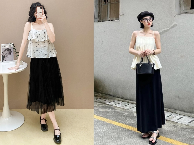 mix áo hai dây với chân váy