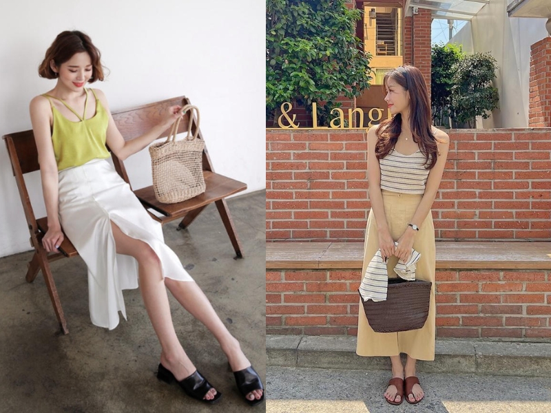 mix áo hai dây với chân váy