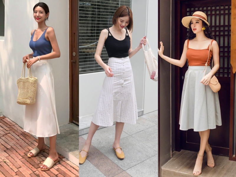 mix áo hai dây với chân váy