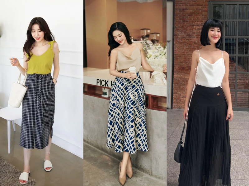 mix áo hai dây với chân váy