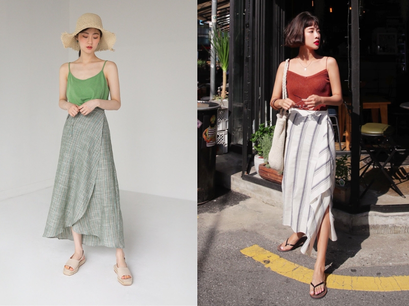 mix áo hai dây với chân váy