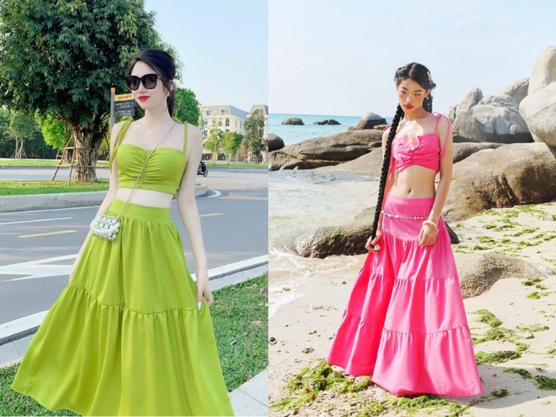 mix áo hai dây với chân váy