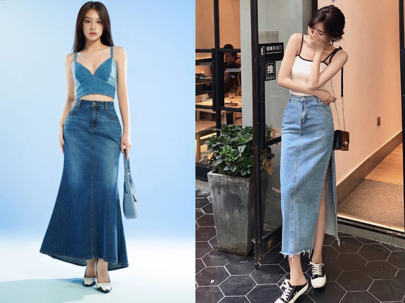 mix áo hai dây với chân váy