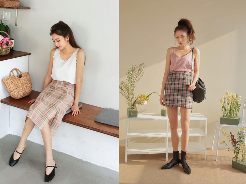 mix áo hai dây với chân váy