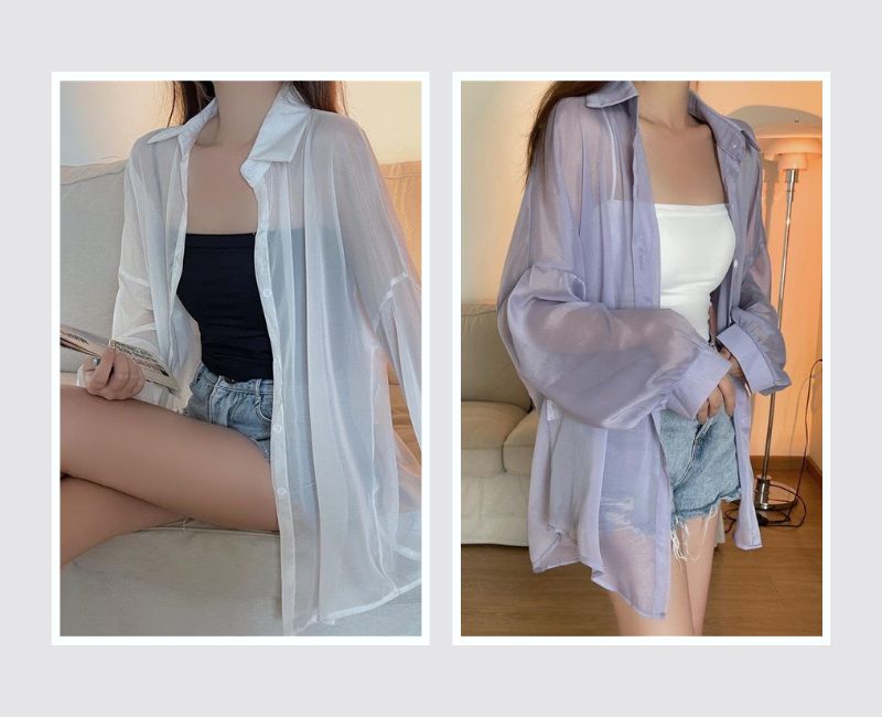 phối áo sơ mi nữ xuyên thấu đi biển