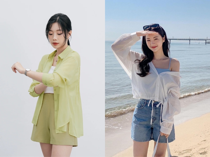 phối áo sơ mi đi biển nữ