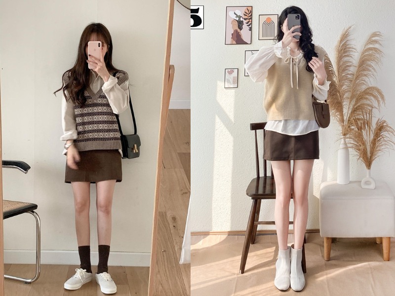 cách phối áo len gile với chân váy 