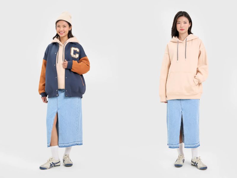 cách phối áo hoodie nữ với chân váy