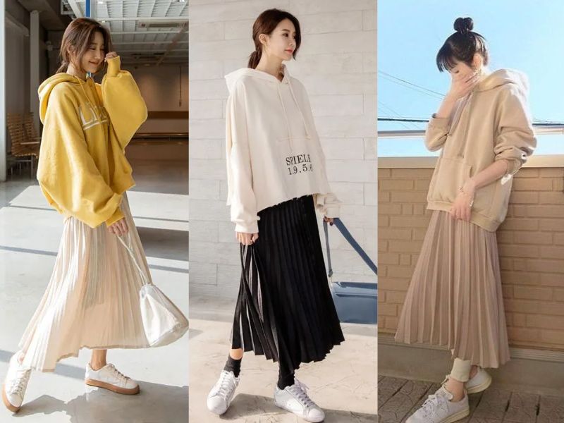 mix áo hoodie với chân váy ngắn
