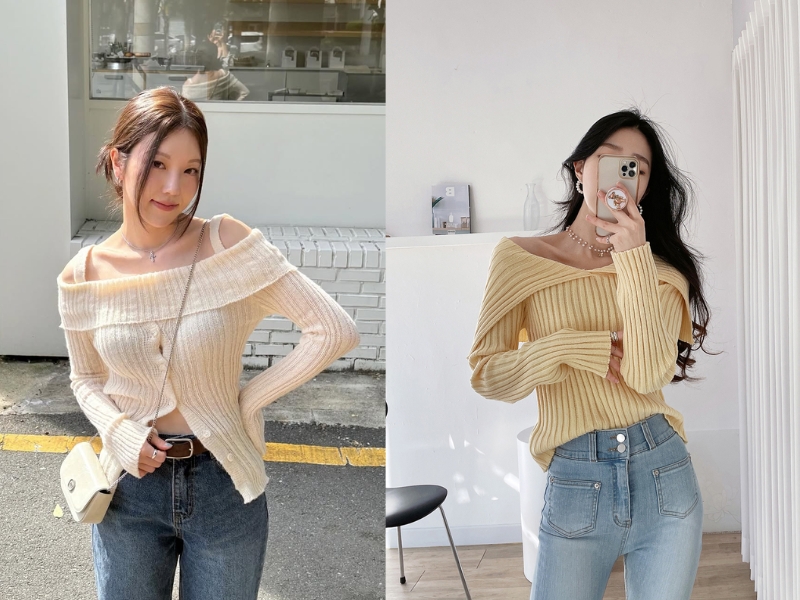 cách phối áo len trễ vai