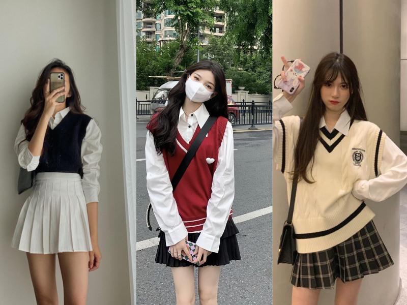 cách phối áo len gile với chân váy 