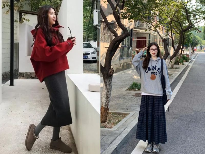 mix áo hoodie với chân váy ngắn