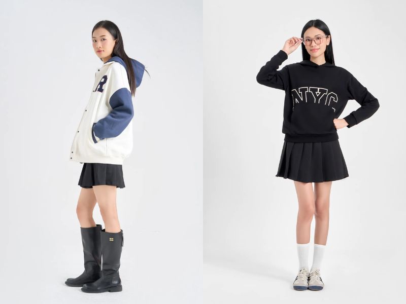 cách phối áo hoodie nữ với chân váy