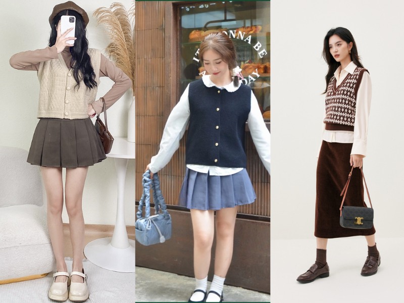 cách phối áo len gile với chân váy