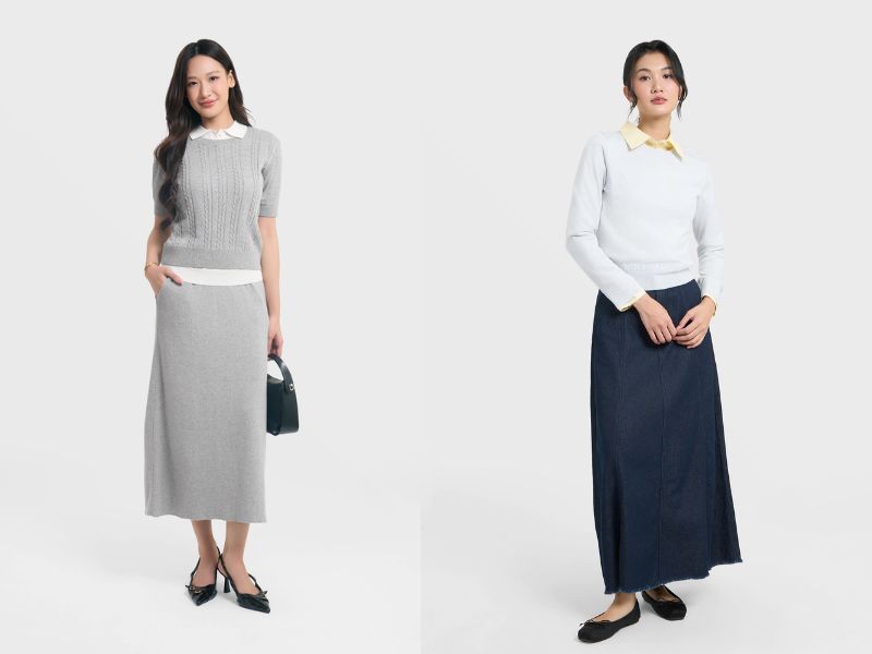 chân váy suông dài kết hợp với áo gì