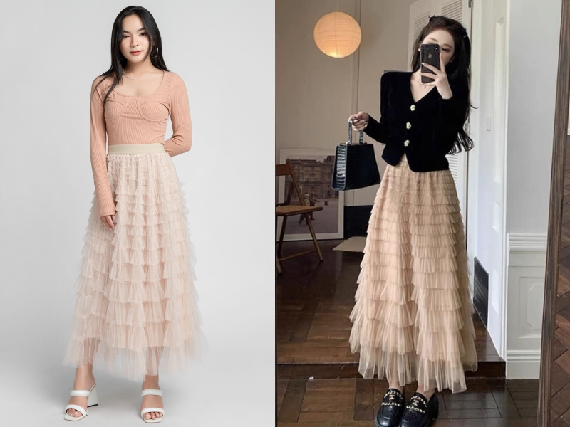 phối đồ với áo 2 dây Chây váy xoè nhiều tầng