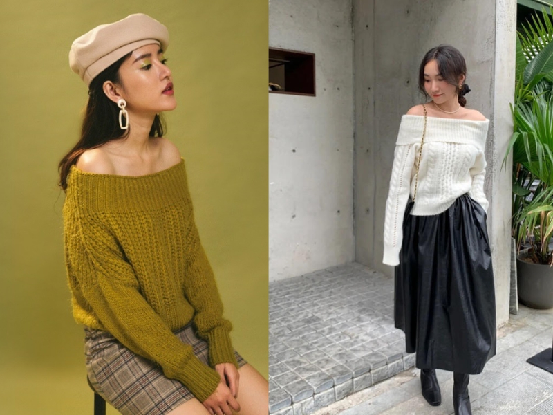 phối đồ với áo len trễ vai
