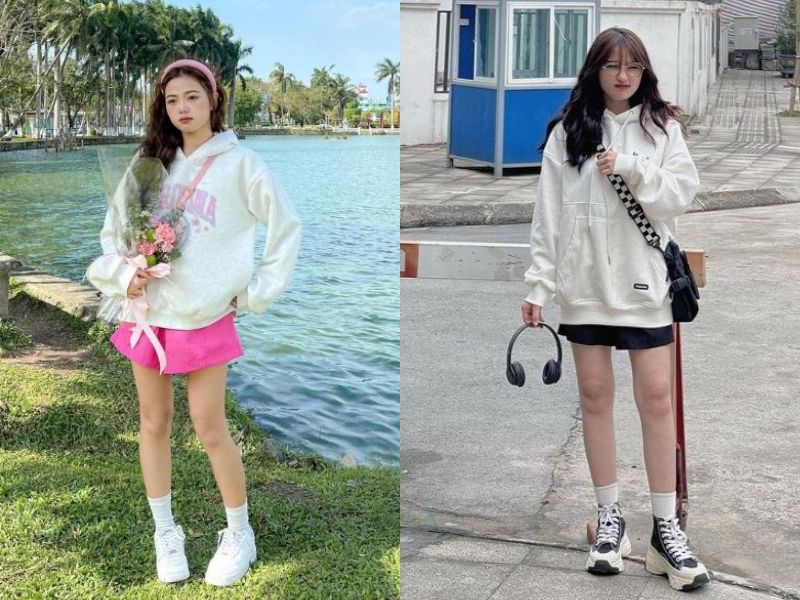 cách phối áo hoodie nữ với chân váy