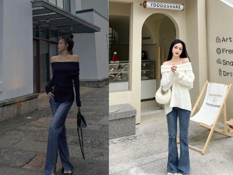 áo len trễ vai phối với gì