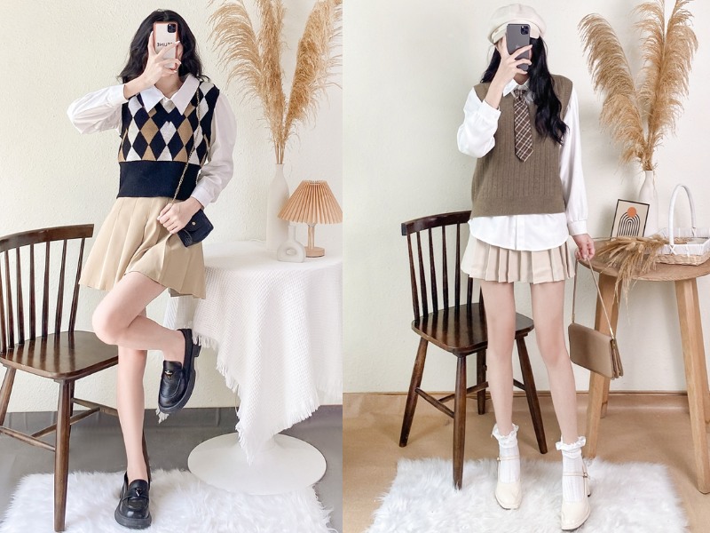 cách phối áo len gile với chân váy 