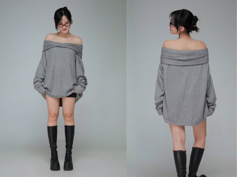 áo len trễ vai phối với gì