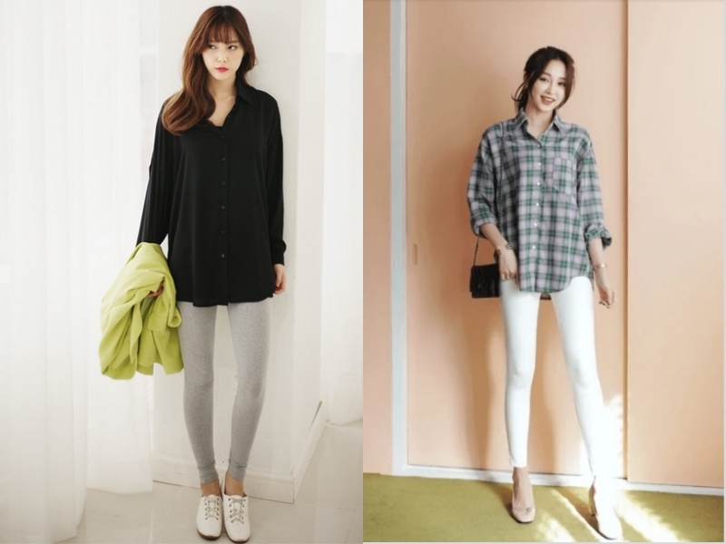 quần legging mặc với áo sơ mi