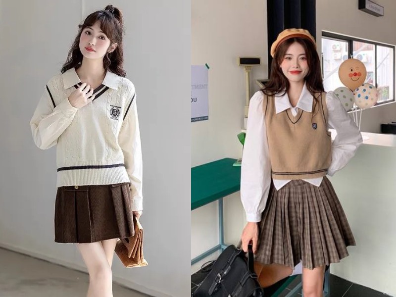 cách phối áo len gile với chân váy