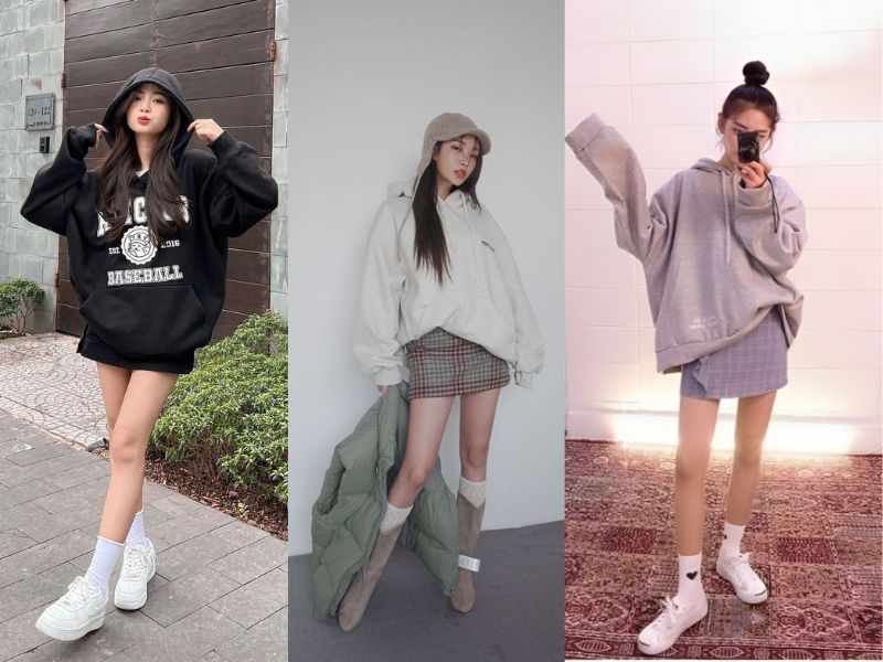 cách phối áo hoodie nữ với chân váy