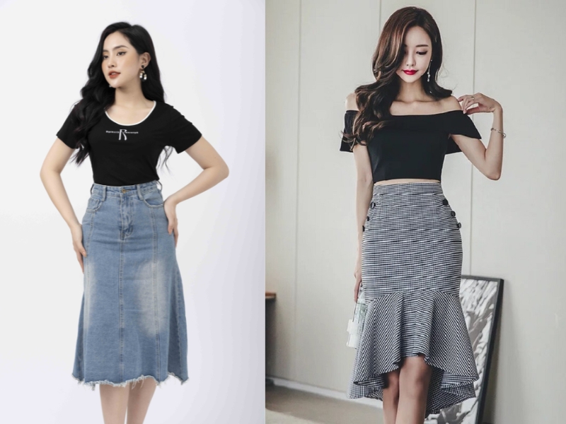 chân váy đuôi cá phối với giày gì