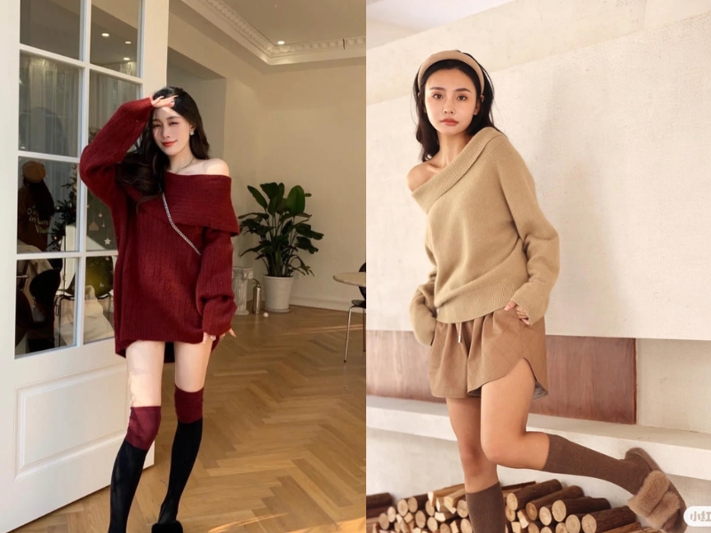 phối đồ với áo len trễ vai