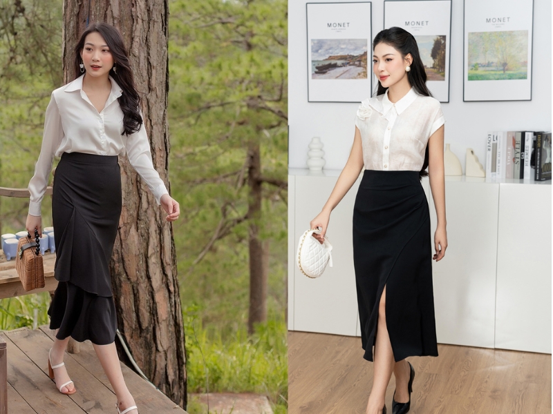 chân váy đuôi cá mặc với áo gì