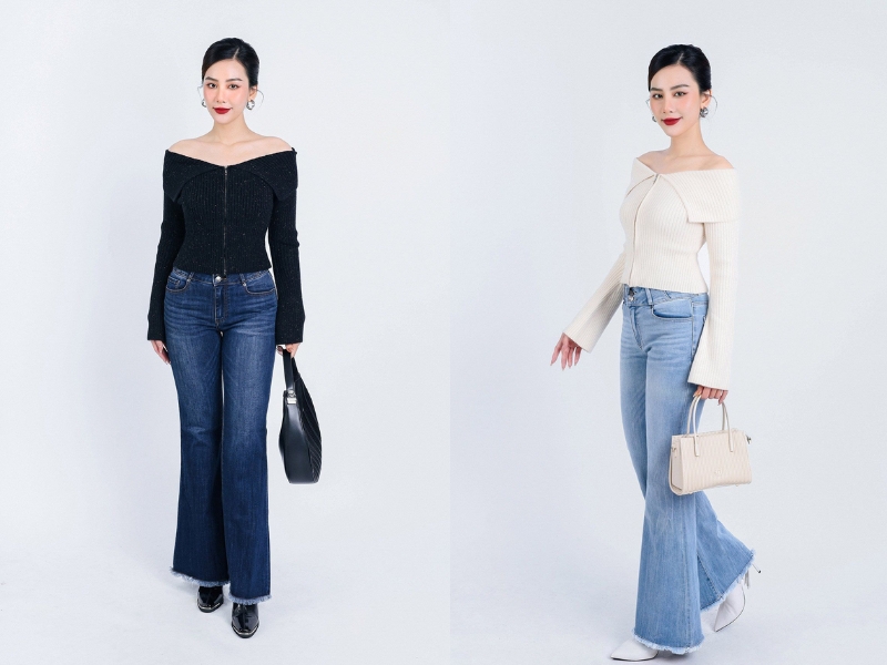 áo len trễ vai phối với gì