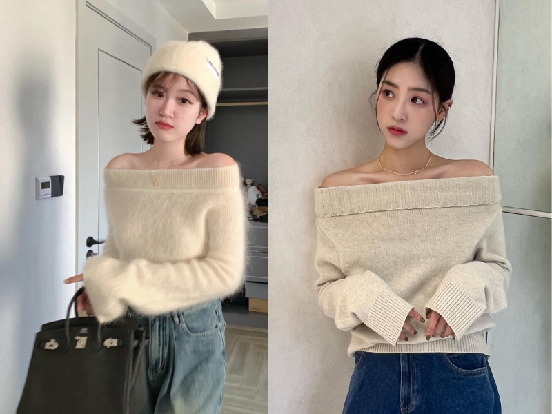 cách phối áo len trễ vai