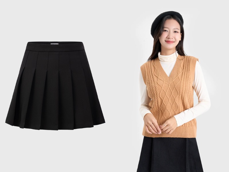 cách phối áo len gile với chân váy