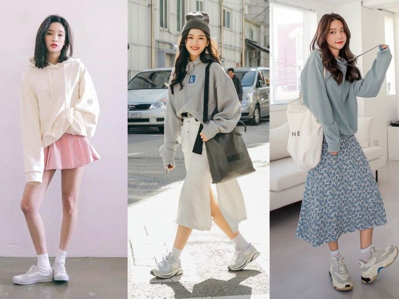 cách phối áo hoodie nữ với chân váy