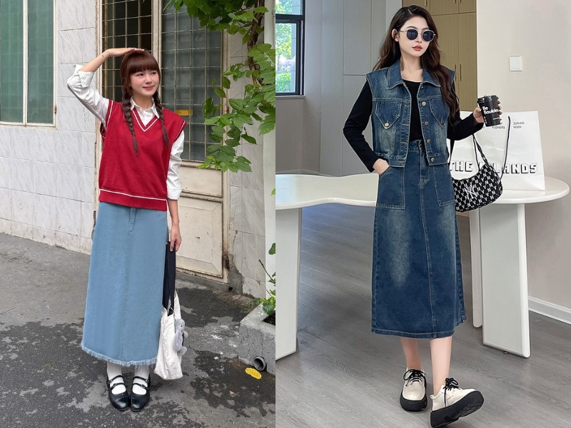 cách phối áo len gile với chân váy