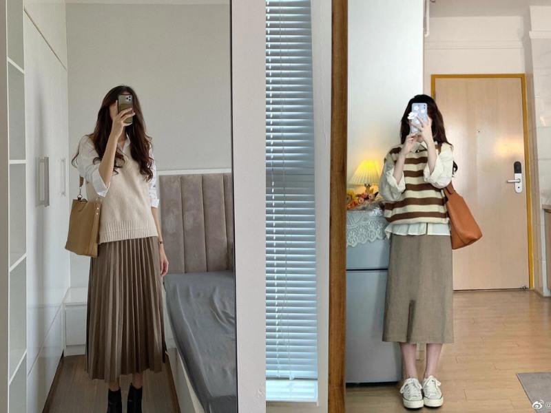 cách phối áo len gile với chân váy