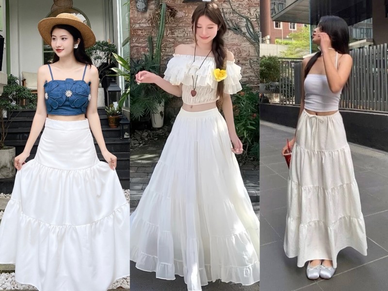 chân váy tầng phối áo gì chân váy tầng dài phối áo gì