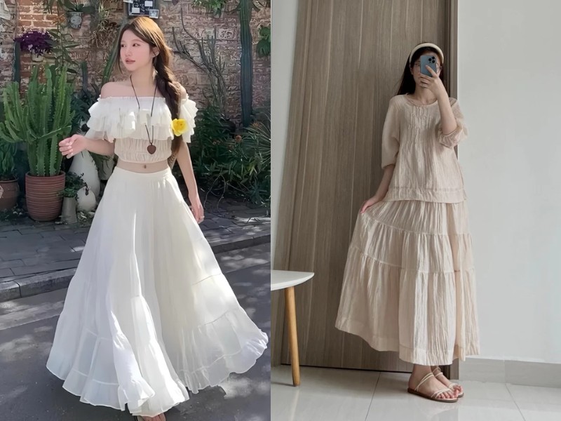 chân váy tầng dài mặc với áo gì chân váy tầng dài phối áo gì