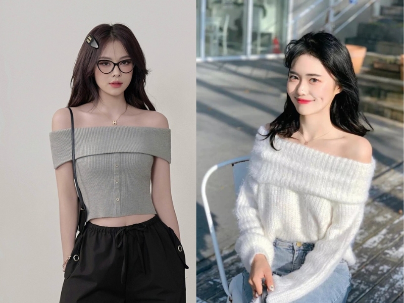 phối đồ với áo len trễ vai