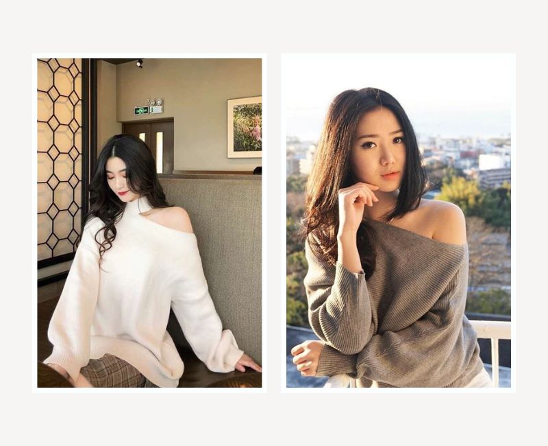 phối đồ với áo len lông trễ vai mềm mại