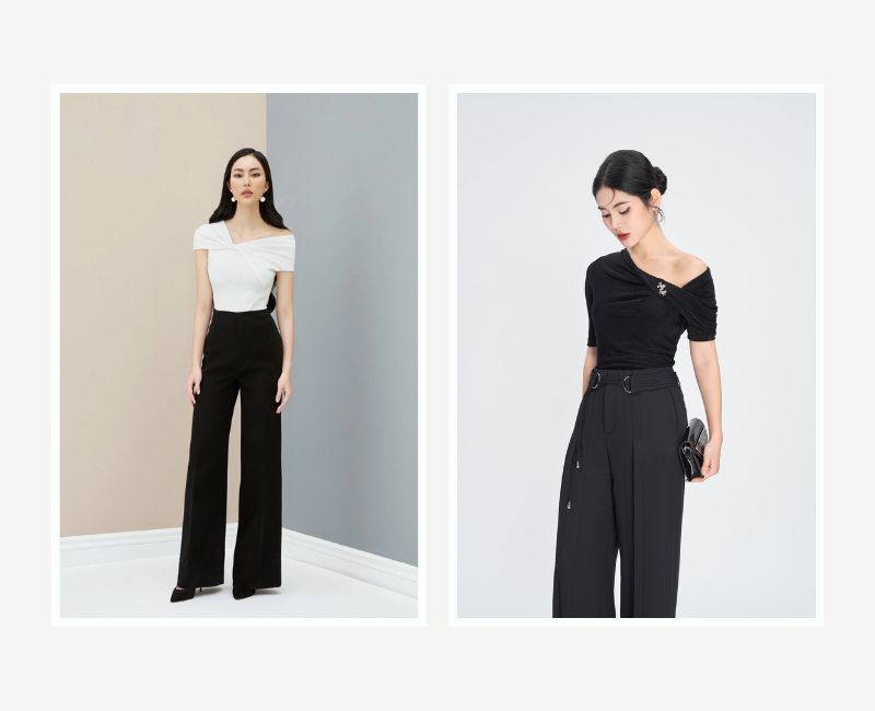 phối đồ với áo len lệch vai