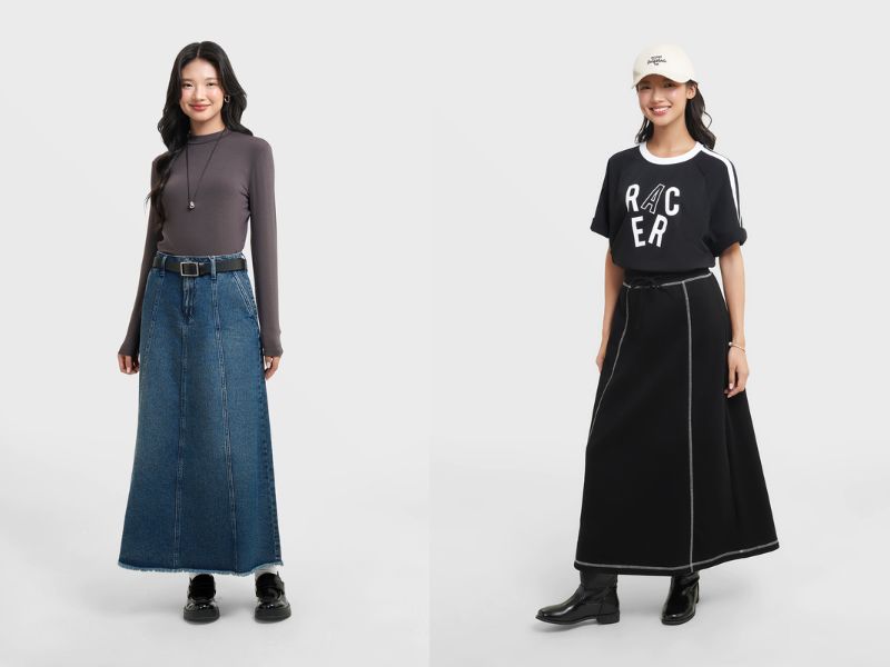 chân váy suông dài mặc với áo gì