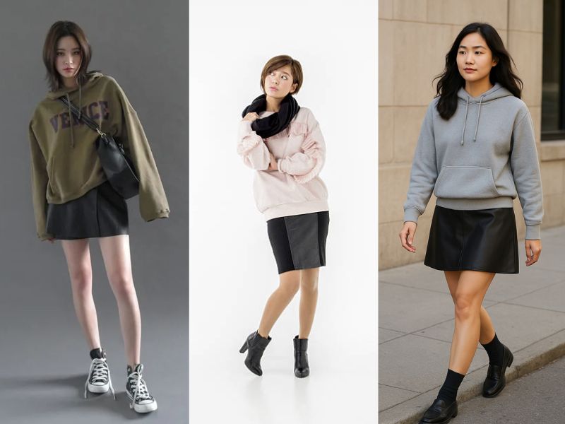 phối áo hoodie với chân váy dài
