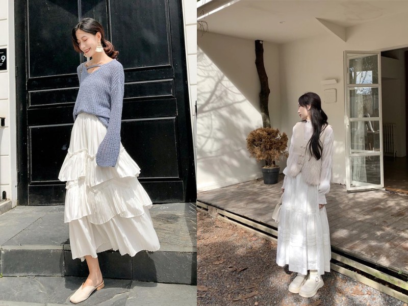 chân váy 3 tầng dài mặc với áo gì chân váy tầng dài phối áo gì