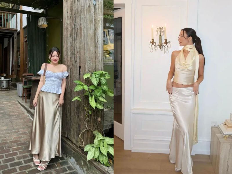 phối đồ với chân váy lụa dài