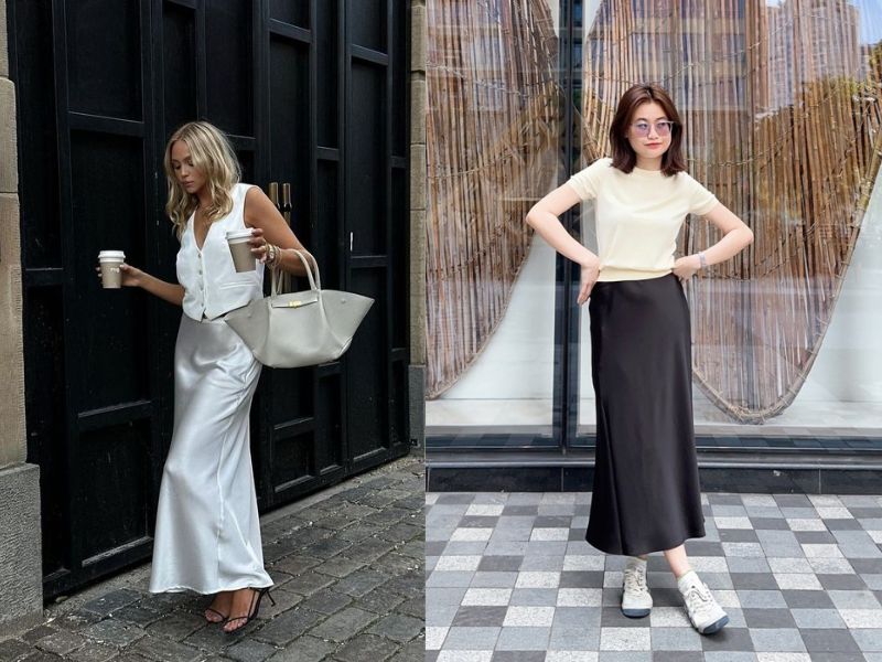 cách phối đồ với chân váy lụa dài