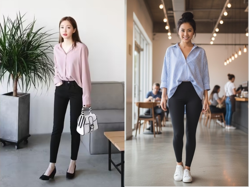 quần legging phối áo sơ mi