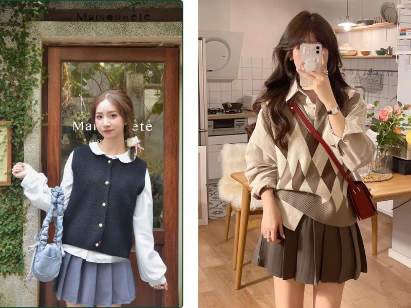 cách phối áo len gile với chân váy