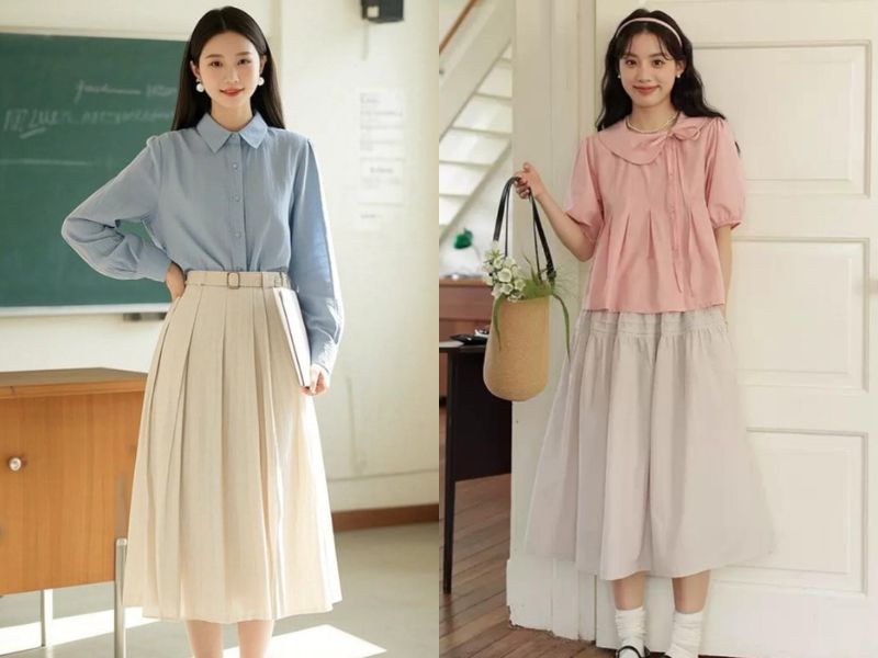 chân váy dài màu kem mặc với áo gì